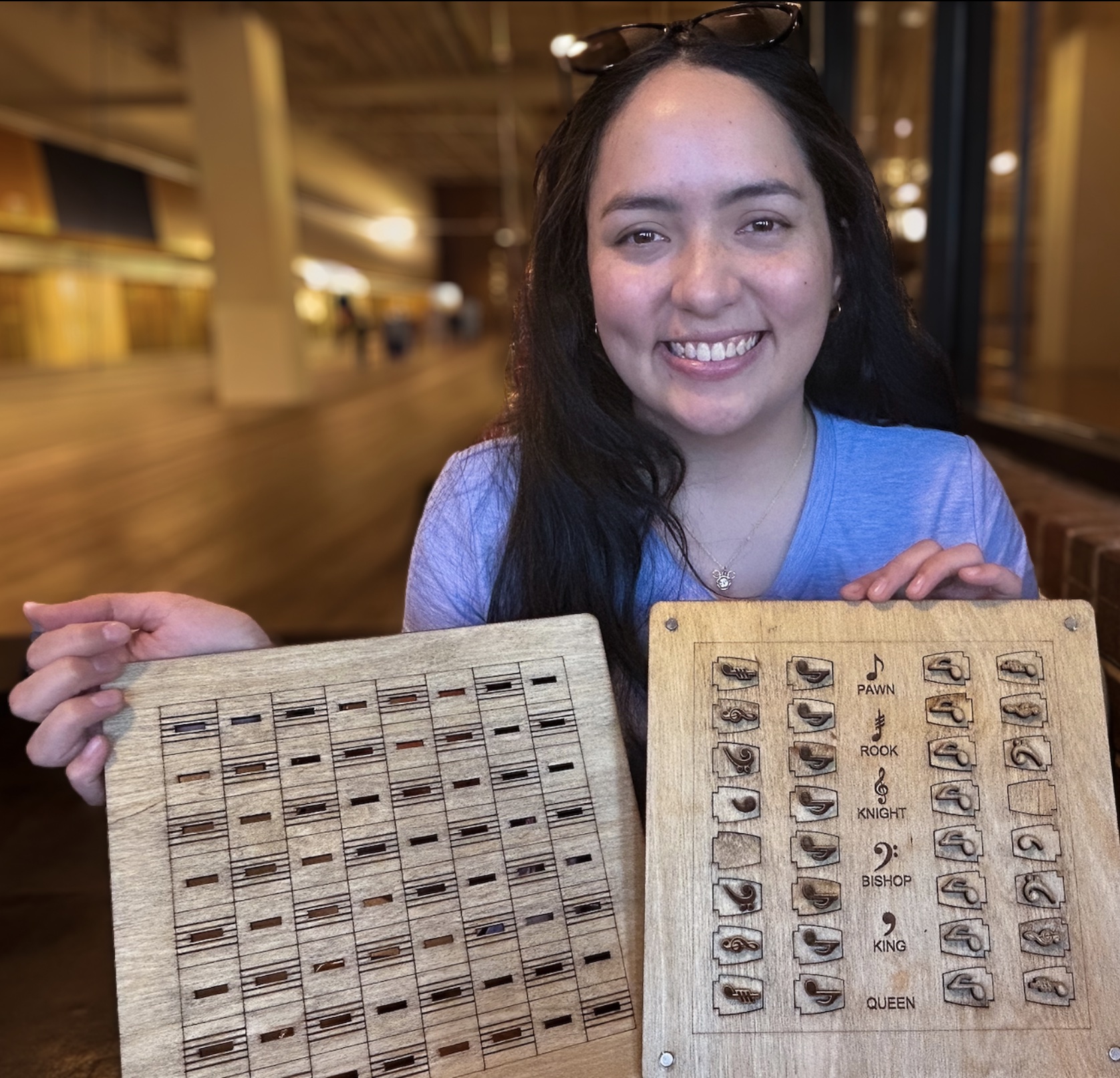 Lorena with her music-inspired chess set